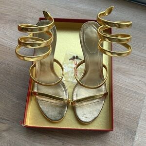 Rene Caovilla Omega Snake Spiral-Wrap Heel Sandals in Gold